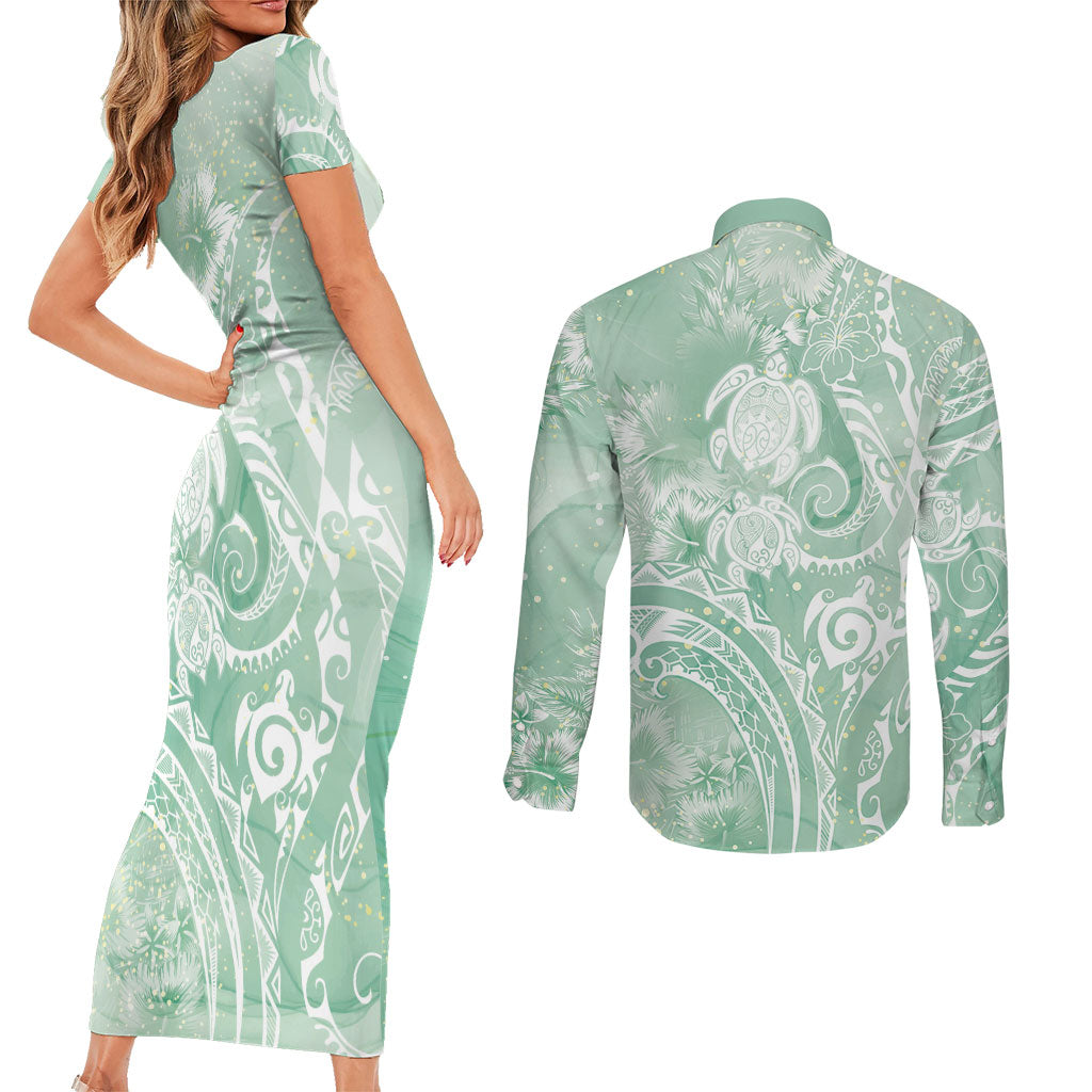 Aloha Hawaii Turtles Floral Couples Matching Short Sleeve Bodycon Dress and Long Sleeve Button Shirt Seafoam Marbles Glaze