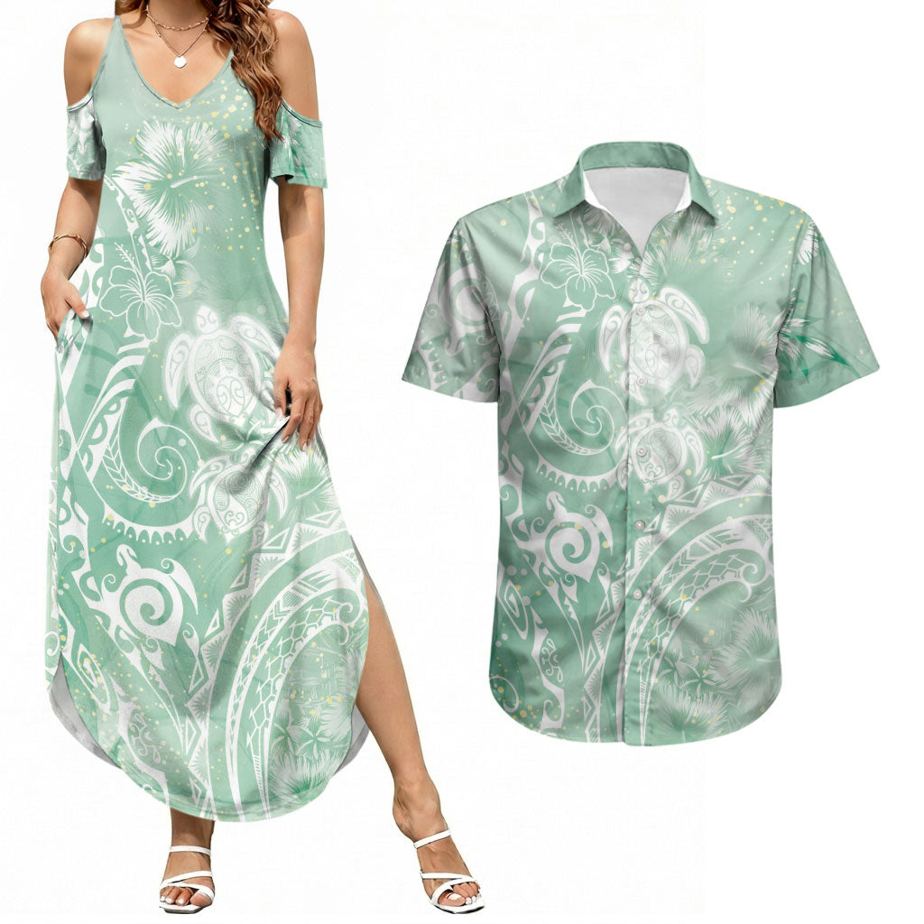 Aloha Hawaii Turtles Floral Couples Matching Summer Maxi Dress and Hawaiian Shirt Seafoam Marbles Glaze LT7 Seafoam - Polynesian Pride