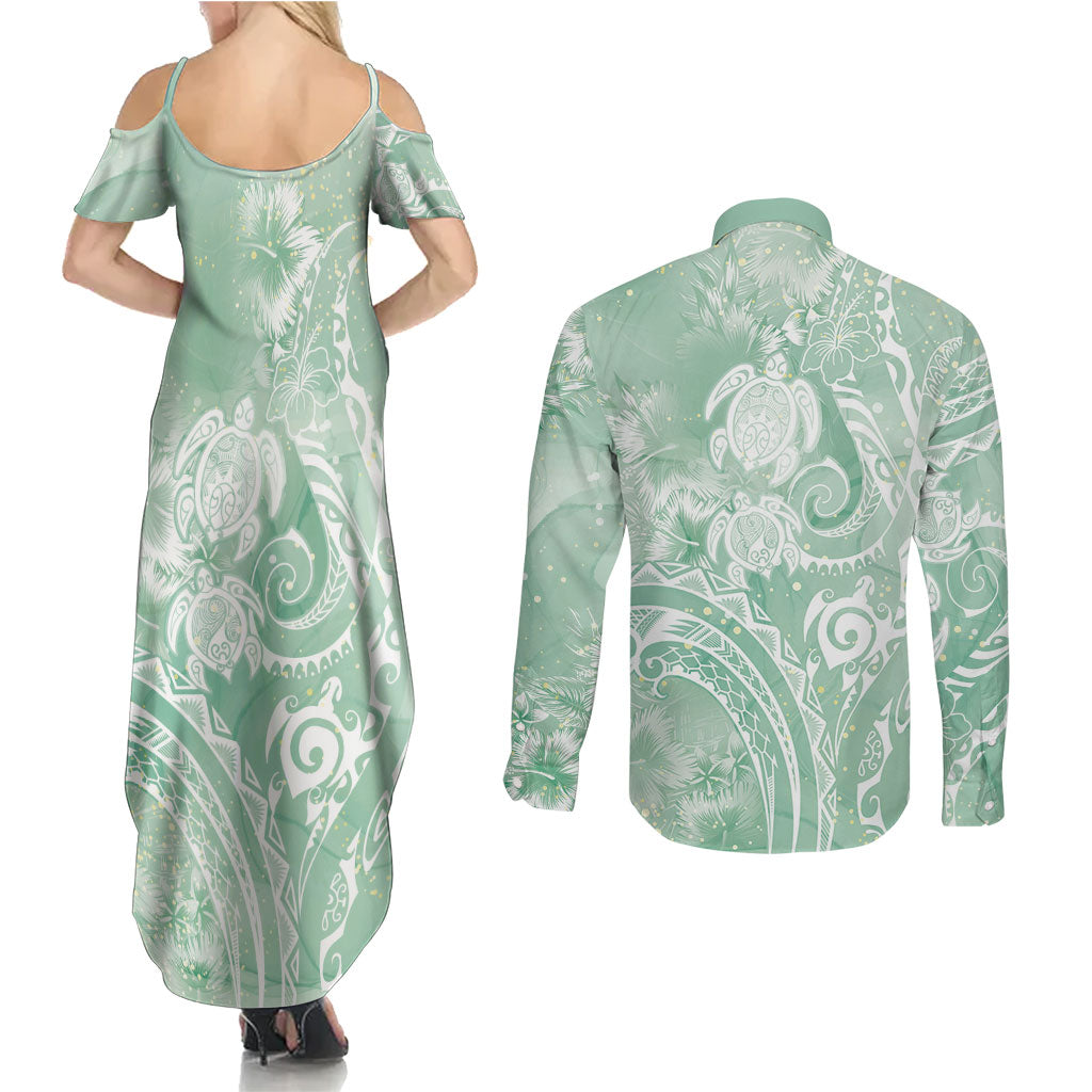 Aloha Hawaii Turtles Floral Couples Matching Summer Maxi Dress and Long Sleeve Button Shirt Seafoam Marbles Glaze