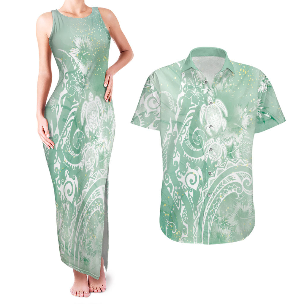 Aloha Hawaii Turtles Floral Couples Matching Tank Maxi Dress and Hawaiian Shirt Seafoam Marbles Glaze