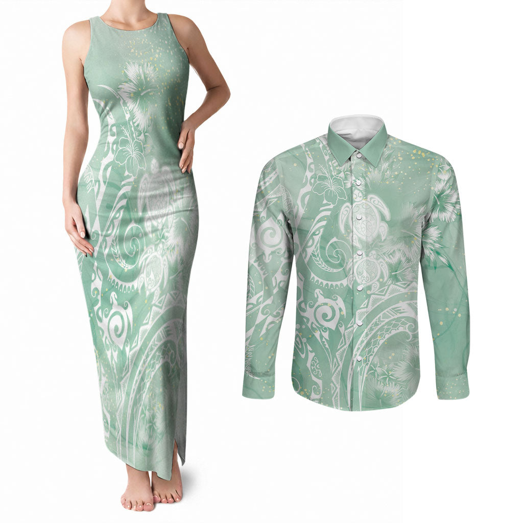 Aloha Hawaii Turtles Floral Couples Matching Tank Maxi Dress and Long Sleeve Button Shirt Seafoam Marbles Glaze LT7 Seafoam - Polynesian Pride