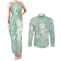 Aloha Hawaii Turtles Floral Couples Matching Tank Maxi Dress and Long Sleeve Button Shirt Seafoam Marbles Glaze