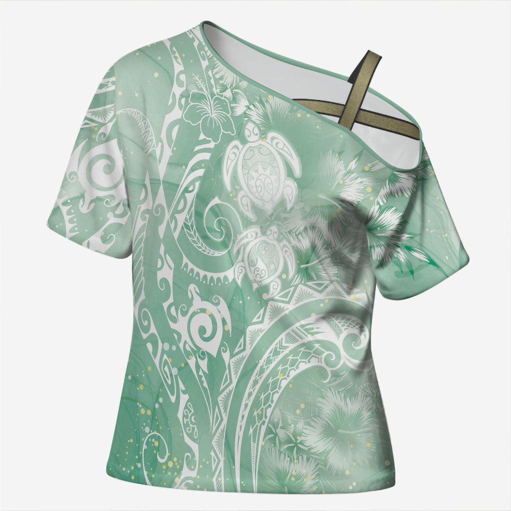 Aloha Hawaii Turtles Floral Cross Shoulder Shirt Seafoam Marbles Glaze LT7 Female Seafoam - Polynesian Pride