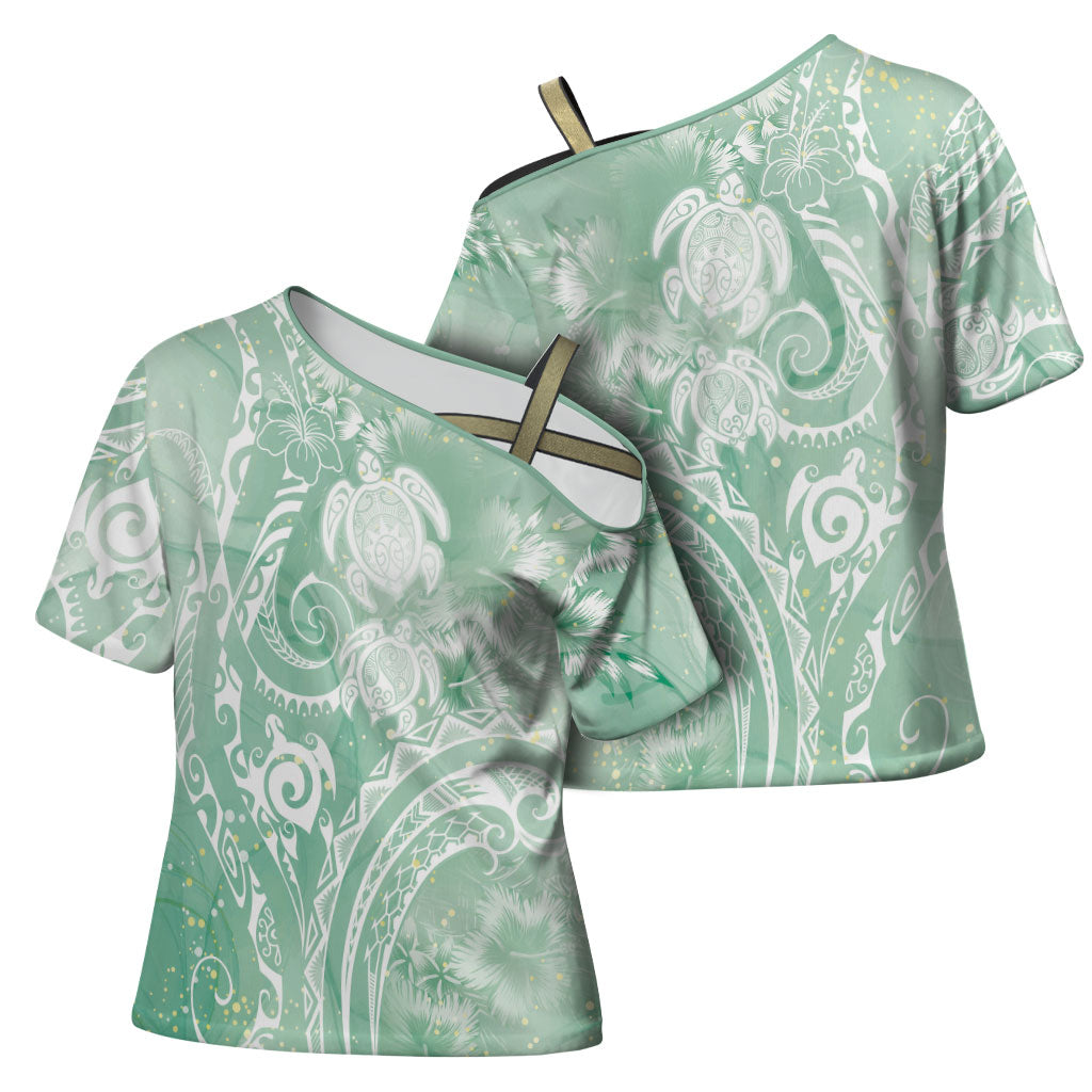 Aloha Hawaii Turtles Floral Cross Shoulder Shirt Seafoam Marbles Glaze