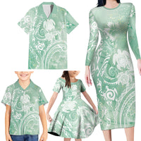 Aloha Hawaii Turtles Floral Family Matching Long Sleeve Bodycon Dress and Hawaiian Shirt Seafoam Marbles Glaze