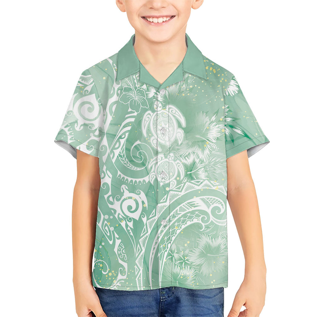 Aloha Hawaii Turtles Floral Family Matching Long Sleeve Bodycon Dress and Hawaiian Shirt Seafoam Marbles Glaze