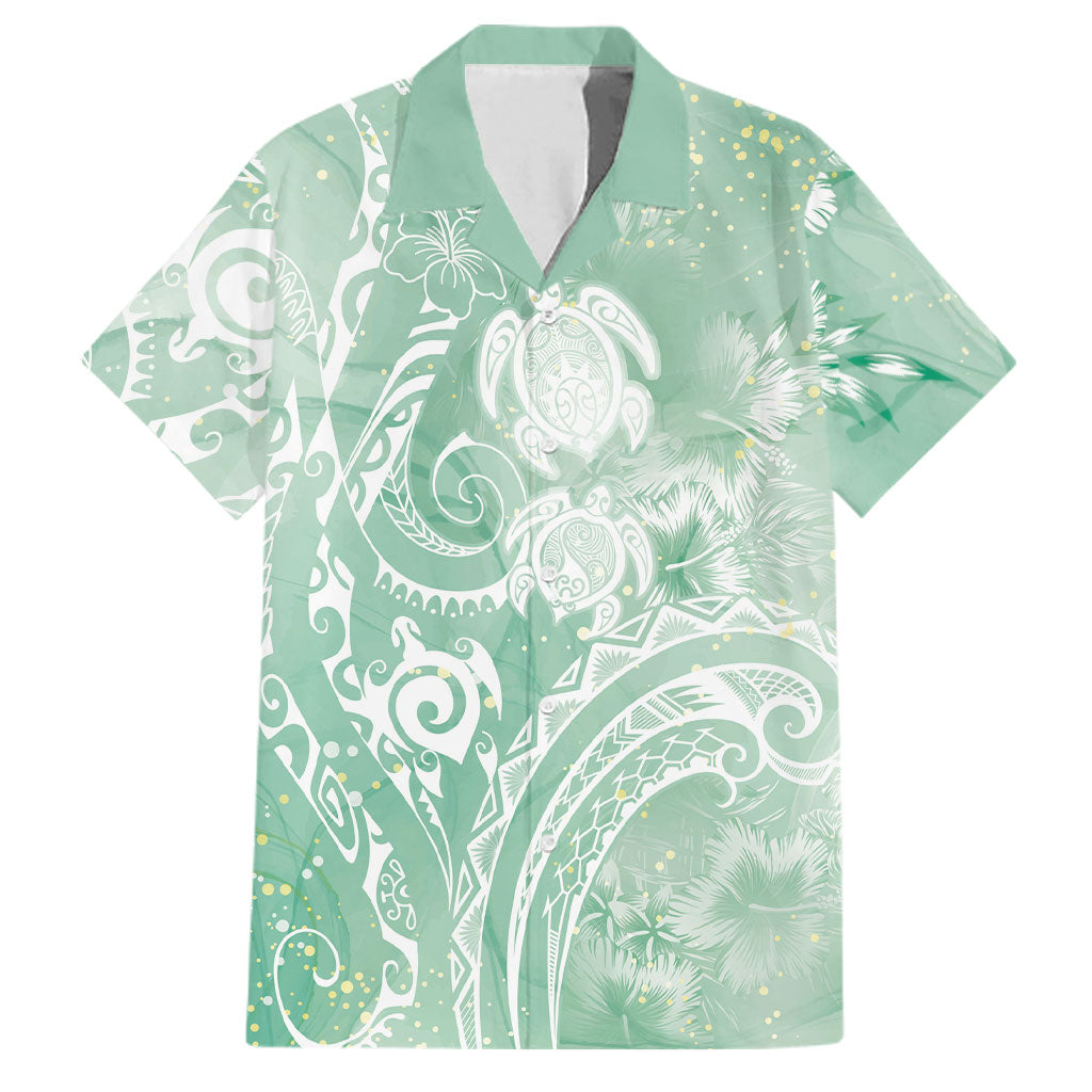Aloha Hawaii Turtles Floral Family Matching Off The Shoulder Long Sleeve Dress and Hawaiian Shirt Seafoam Marbles Glaze