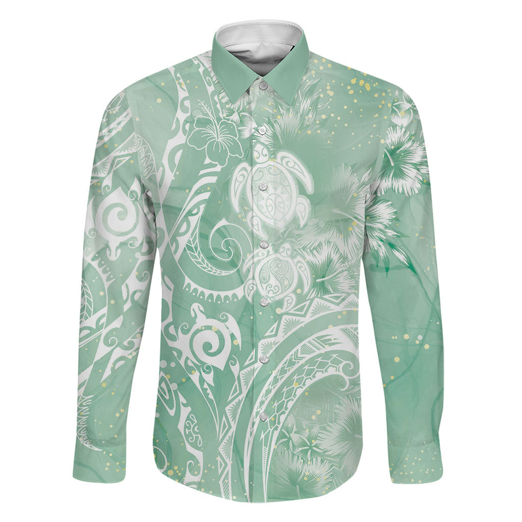 Aloha Hawaii Turtles Floral Family Matching Off The Shoulder Long Sleeve Dress and Hawaiian Shirt Seafoam Marbles Glaze