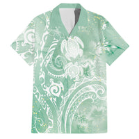 Aloha Hawaii Turtles Floral Family Matching Off Shoulder Short Dress and Hawaiian Shirt Seafoam Marbles Glaze