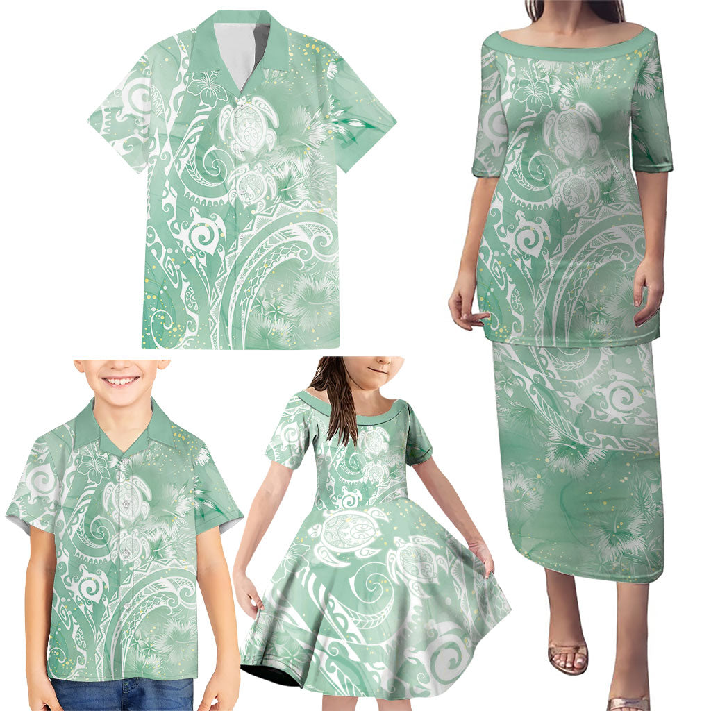 Aloha Hawaii Turtles Floral Family Matching Puletasi and Hawaiian Shirt Seafoam Marbles Glaze