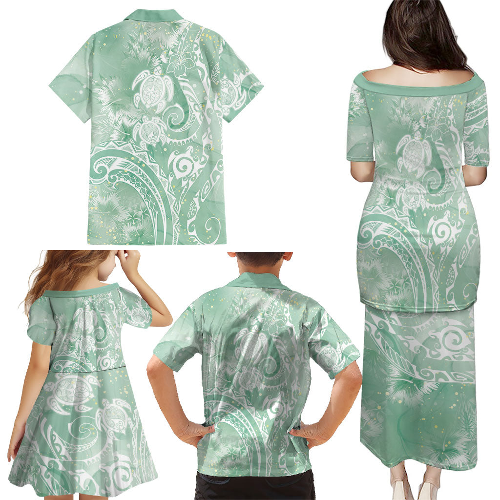 Aloha Hawaii Turtles Floral Family Matching Puletasi and Hawaiian Shirt Seafoam Marbles Glaze