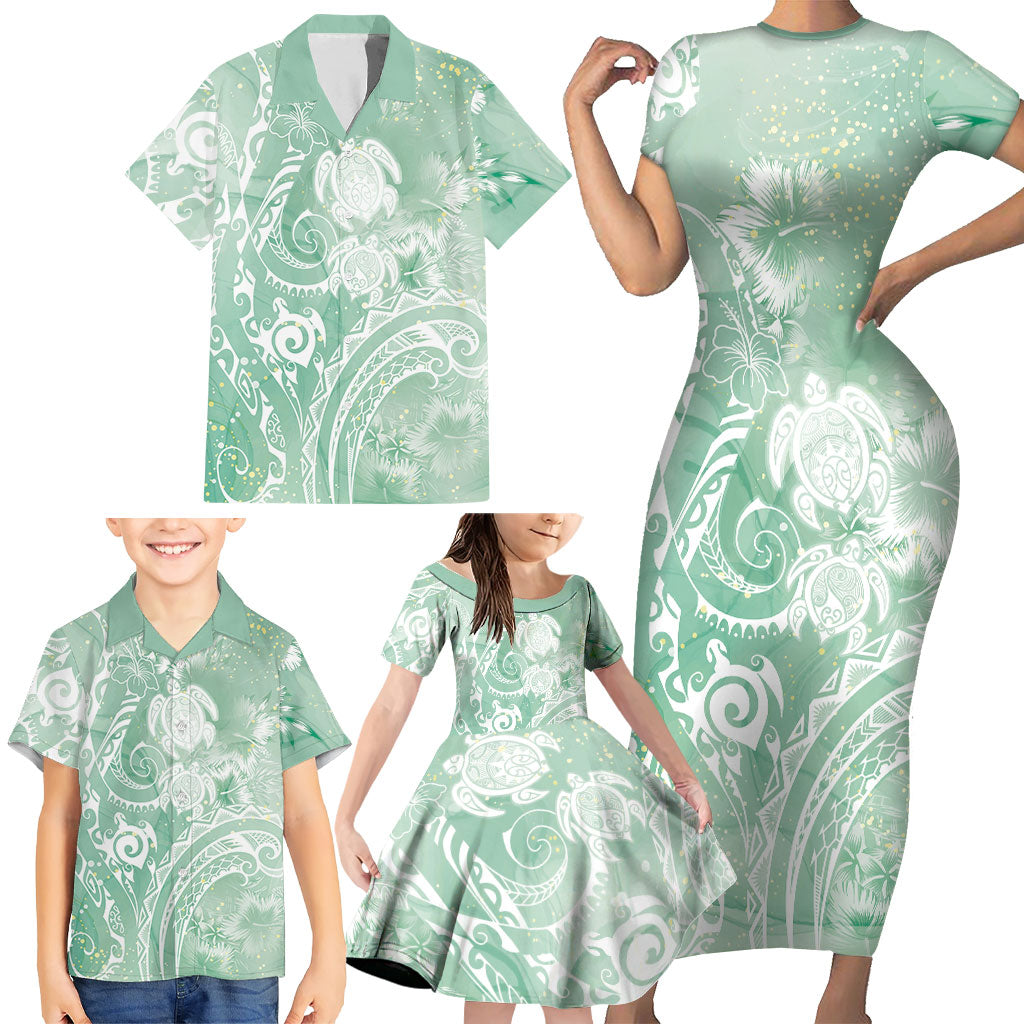 Aloha Hawaii Turtles Floral Family Matching Short Sleeve Bodycon Dress and Hawaiian Shirt Seafoam Marbles Glaze