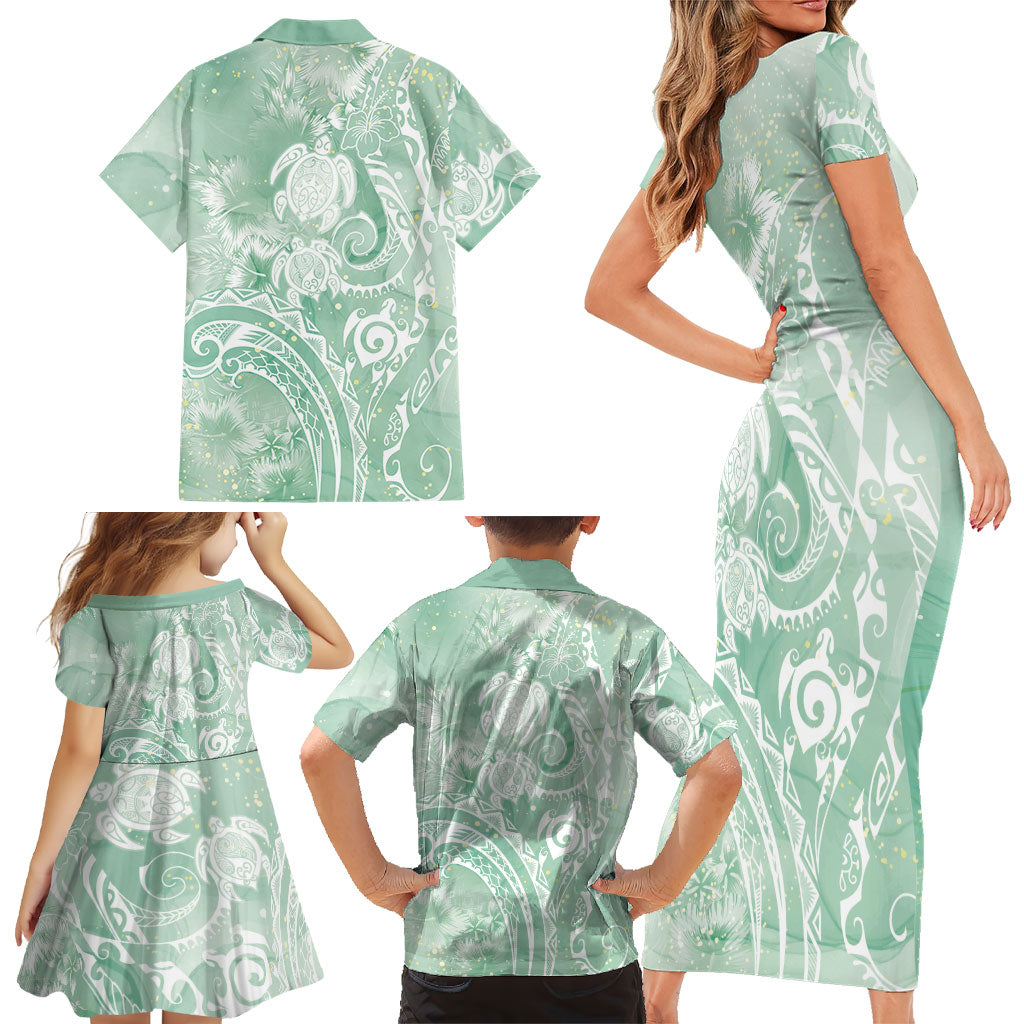 Aloha Hawaii Turtles Floral Family Matching Short Sleeve Bodycon Dress and Hawaiian Shirt Seafoam Marbles Glaze