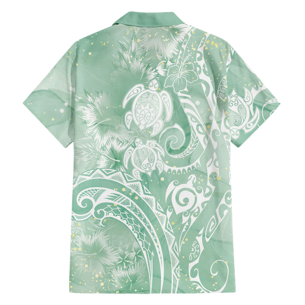 Aloha Hawaii Turtles Floral Family Matching Short Sleeve Bodycon Dress and Hawaiian Shirt Seafoam Marbles Glaze