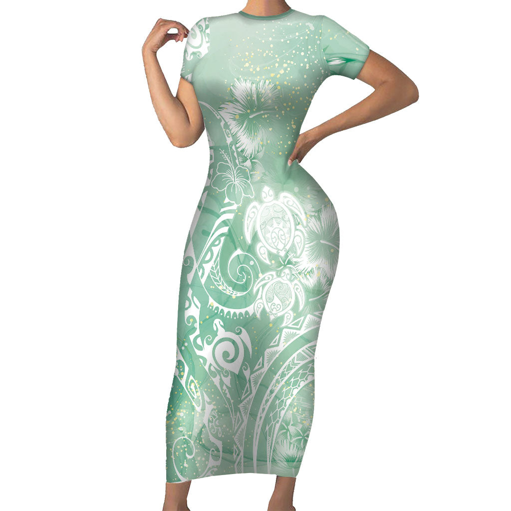 Aloha Hawaii Turtles Floral Family Matching Short Sleeve Bodycon Dress and Hawaiian Shirt Seafoam Marbles Glaze
