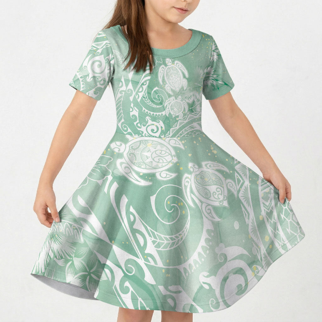 Aloha Hawaii Turtles Floral Kid Short Sleeve Dress Seafoam Marbles Glaze LT7 KID Seafoam - Polynesian Pride