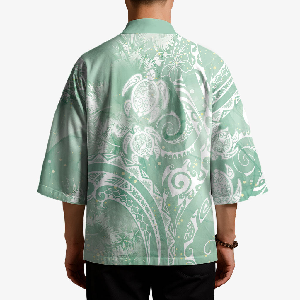 Aloha Hawaii Turtles Floral Kimono Seafoam Marbles Glaze