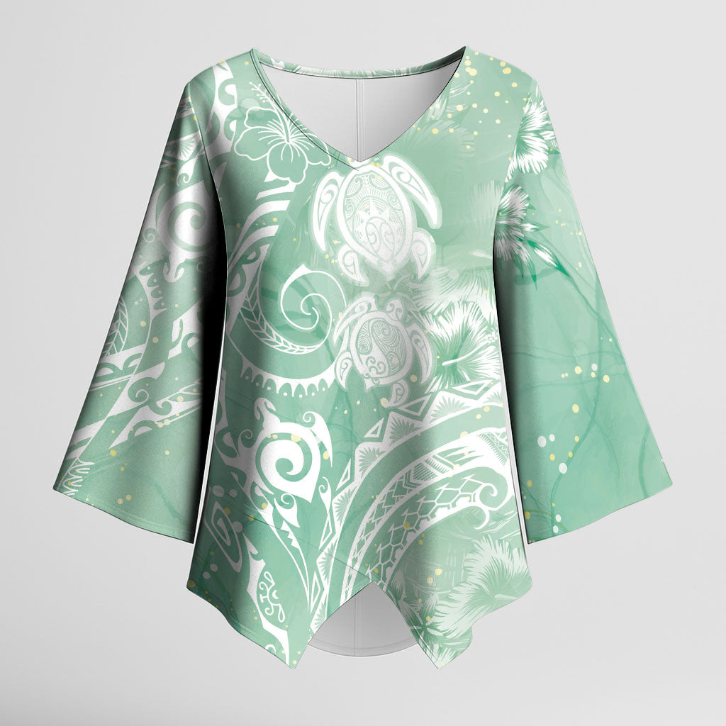 Aloha Hawaii Turtles Floral Kimono Sleeve Blouse Seafoam Marbles Glaze LT7 Female Seafoam - Polynesian Pride