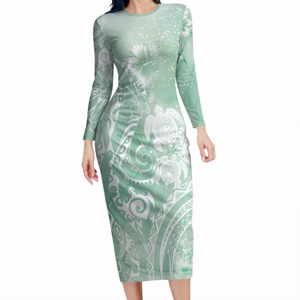 Aloha Hawaii Turtles Floral Long Sleeve Bodycon Dress Seafoam Marbles Glaze LT7 Long Dress Seafoam - Polynesian Pride