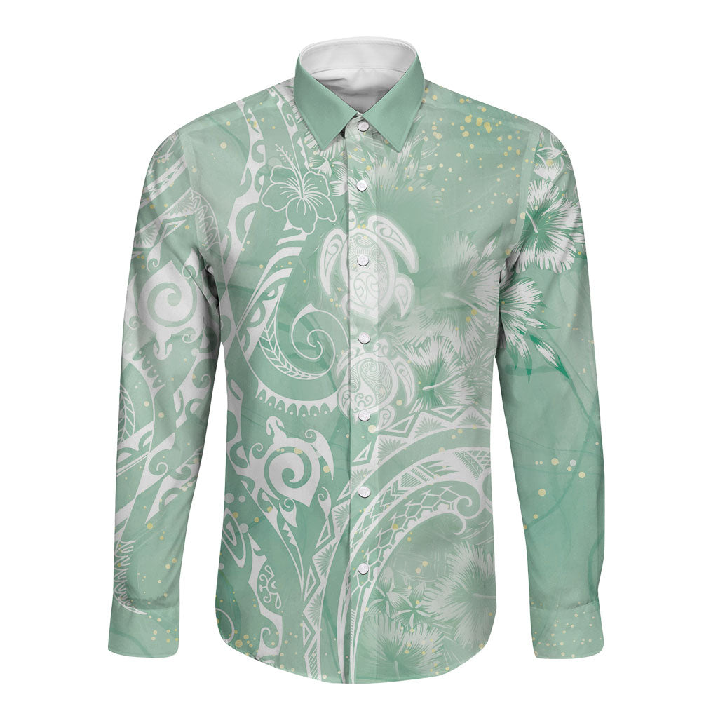 Aloha Hawaii Turtles Floral Long Sleeve Button Shirt Seafoam Marbles Glaze LT7 Unisex Seafoam - Polynesian Pride