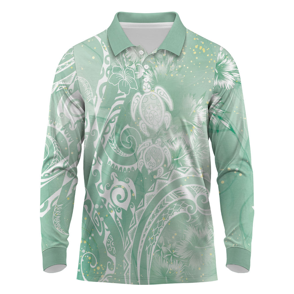 Aloha Hawaii Turtles Floral Long Sleeve Polo Shirt Seafoam Marbles Glaze LT7 Seafoam - Polynesian Pride