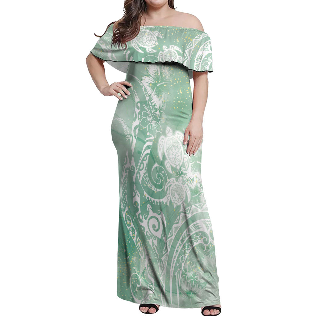 Aloha Hawaii Turtles Floral Off Shoulder Maxi Dress Seafoam Marbles Glaze