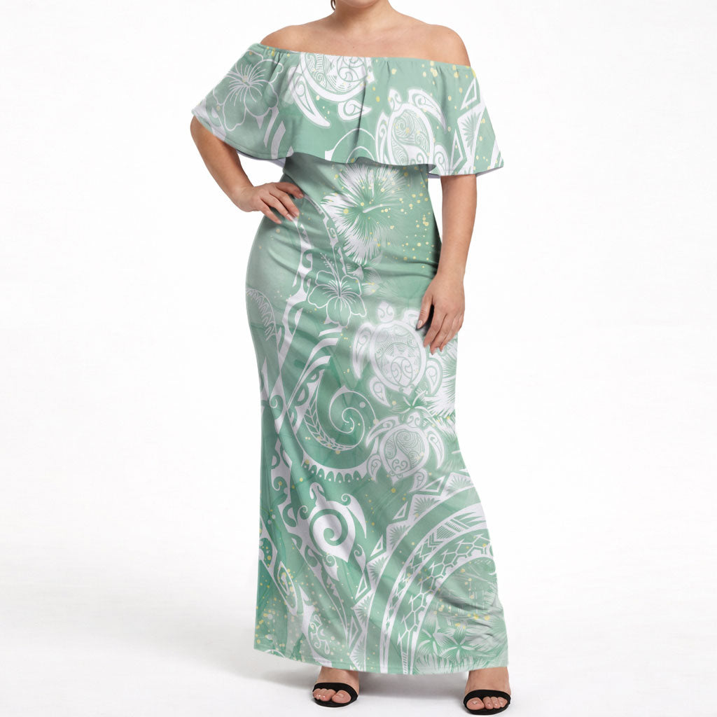 Aloha Hawaii Turtles Floral Off Shoulder Maxi Dress Seafoam Marbles Glaze LT7 Women Seafoam - Polynesian Pride