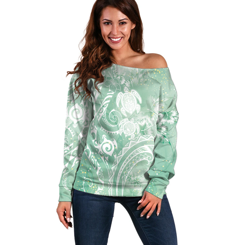 Aloha Hawaii Turtles Floral Off Shoulder Sweater Seafoam Marbles Glaze LT7 Women Seafoam - Polynesian Pride