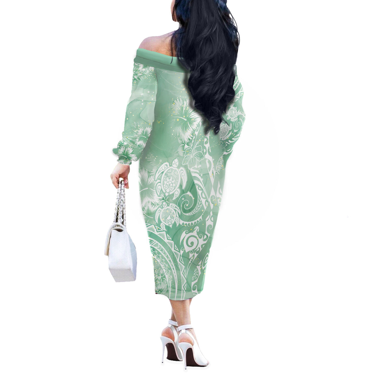 Aloha Hawaii Turtles Floral Off The Shoulder Long Sleeve Dress Seafoam Marbles Glaze