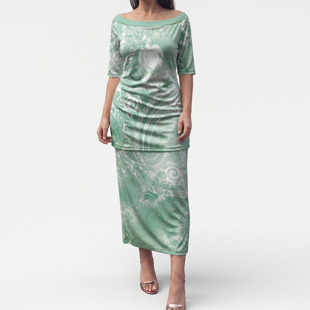 Aloha Hawaii Turtles Floral Puletasi Seafoam Marbles Glaze LT7 Long Dress Seafoam - Polynesian Pride
