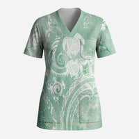 Aloha Hawaii Turtles Floral Scrub Top Seafoam Marbles Glaze