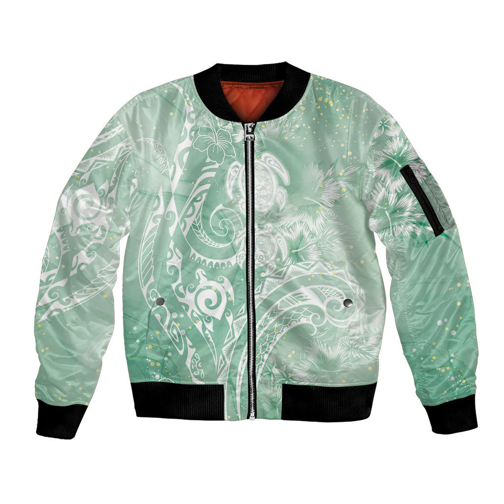 Aloha Hawaii Turtles Floral Sleeve Zip Bomber Jacket Seafoam Marbles Glaze