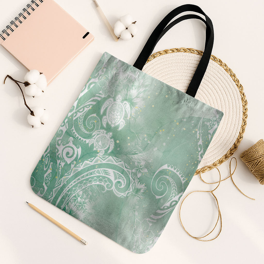 Aloha Hawaii Turtles Floral Tote Bag Seafoam Marbles Glaze LT7 Black Strap One Size Seafoam - Polynesian Pride