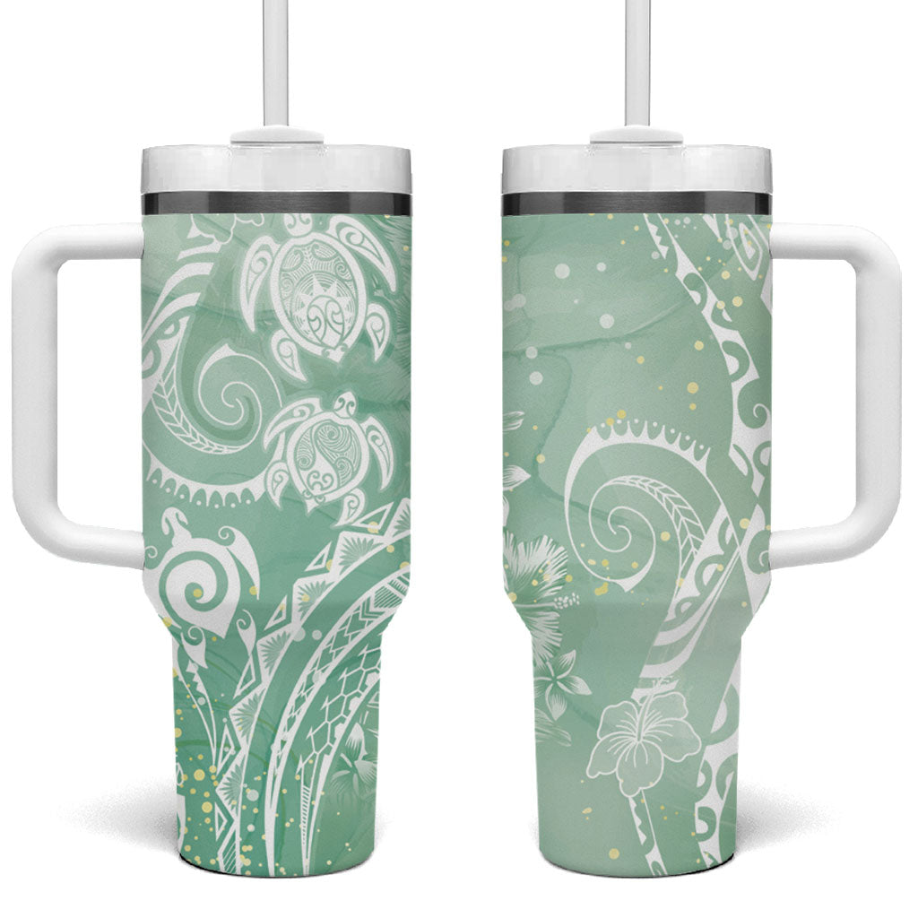 Aloha Hawaii Turtles Floral Tumbler With Handle Seafoam Marbles Glaze LT7 One Size: 40 oz Seafoam - Polynesian Pride