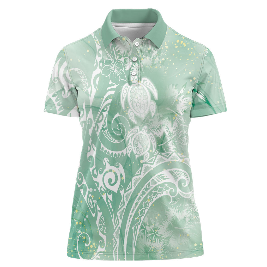 Aloha Hawaii Turtles Floral Women Polo Shirt Seafoam Marbles Glaze LT7 Female Seafoam - Polynesian Pride
