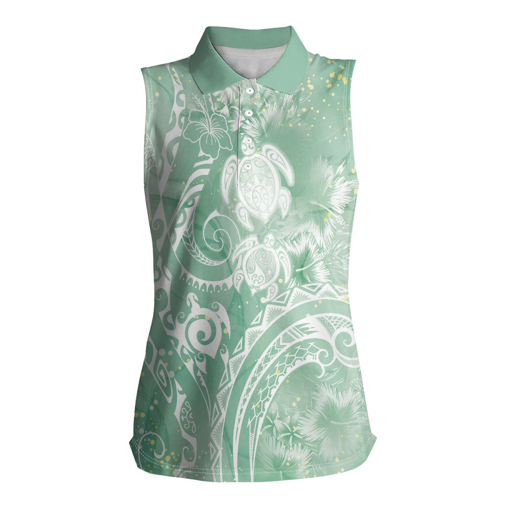 Aloha Hawaii Turtles Floral Women Sleeveless Polo Shirt Seafoam Marbles Glaze LT7 Female Seafoam - Polynesian Pride