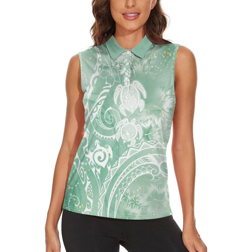 Aloha Hawaii Turtles Floral Women Sleeveless Polo Shirt Seafoam Marbles Glaze