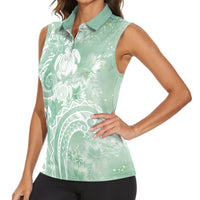 Aloha Hawaii Turtles Floral Women Sleeveless Polo Shirt Seafoam Marbles Glaze