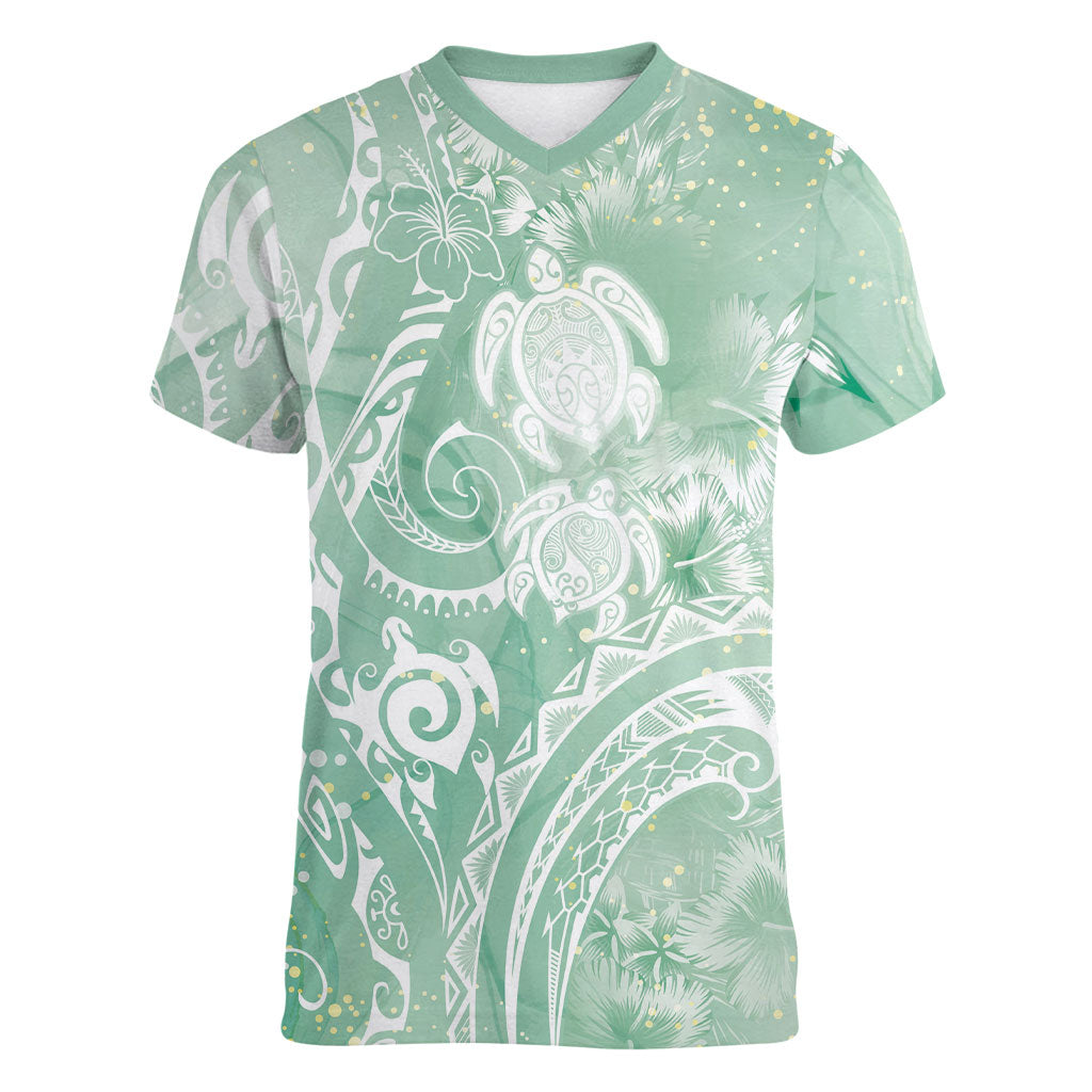 Aloha Hawaii Turtles Floral Women V-Neck T-Shirt Seafoam Marbles Glaze LT7 Female Seafoam - Polynesian Pride