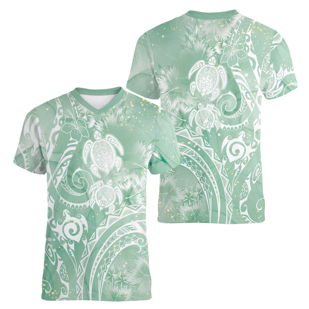 Aloha Hawaii Turtles Floral Women V-Neck T-Shirt Seafoam Marbles Glaze