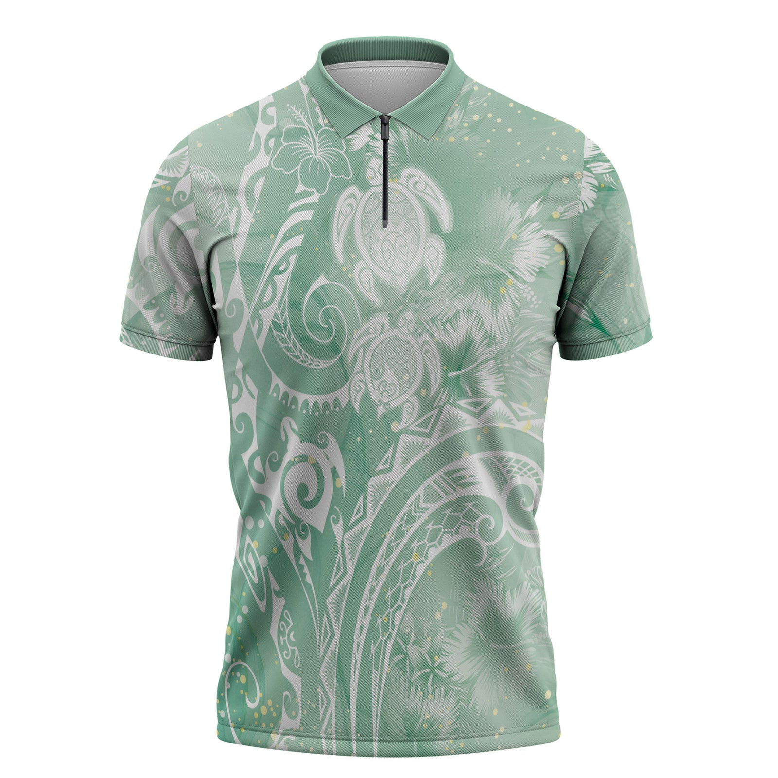 Aloha Hawaii Turtles Floral Zipper Polo Shirt Seafoam Marbles Glaze LT7 Seafoam - Polynesian Pride