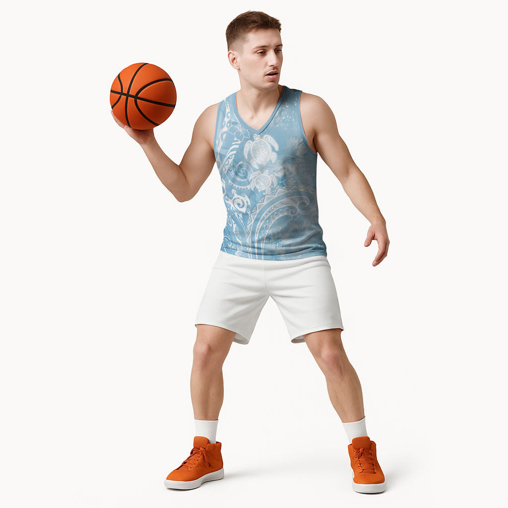 Aloha Hawaii Turtles Floral Basketball Jersey Aqua Marbles Glaze