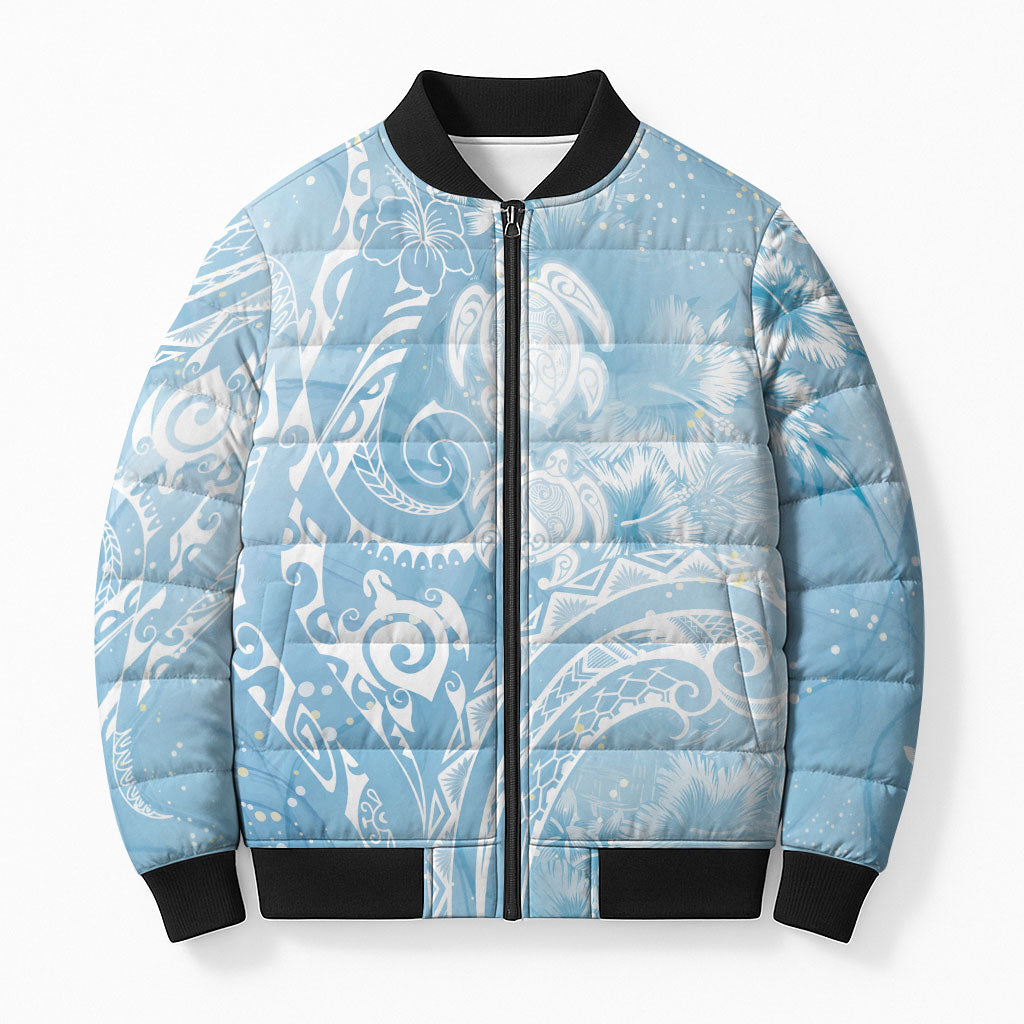 Aloha Hawaii Turtles Floral Bomber Puffer Jacket Aqua Marbles Glaze