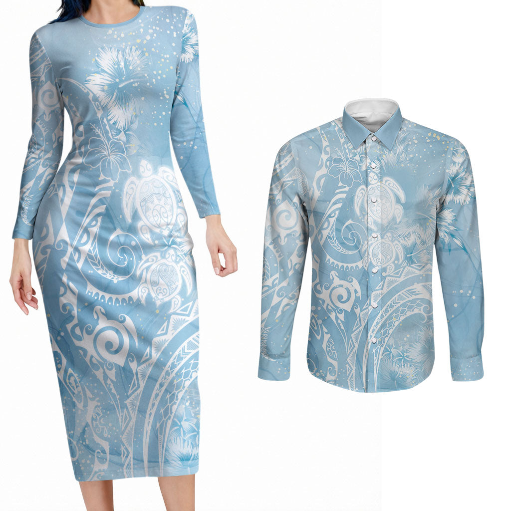 Aloha Hawaii Turtles Floral Couples Matching Long Sleeve Bodycon Dress and Long Sleeve Button Shirt Aqua Marbles Glaze LT7 Aqua - Polynesian Pride