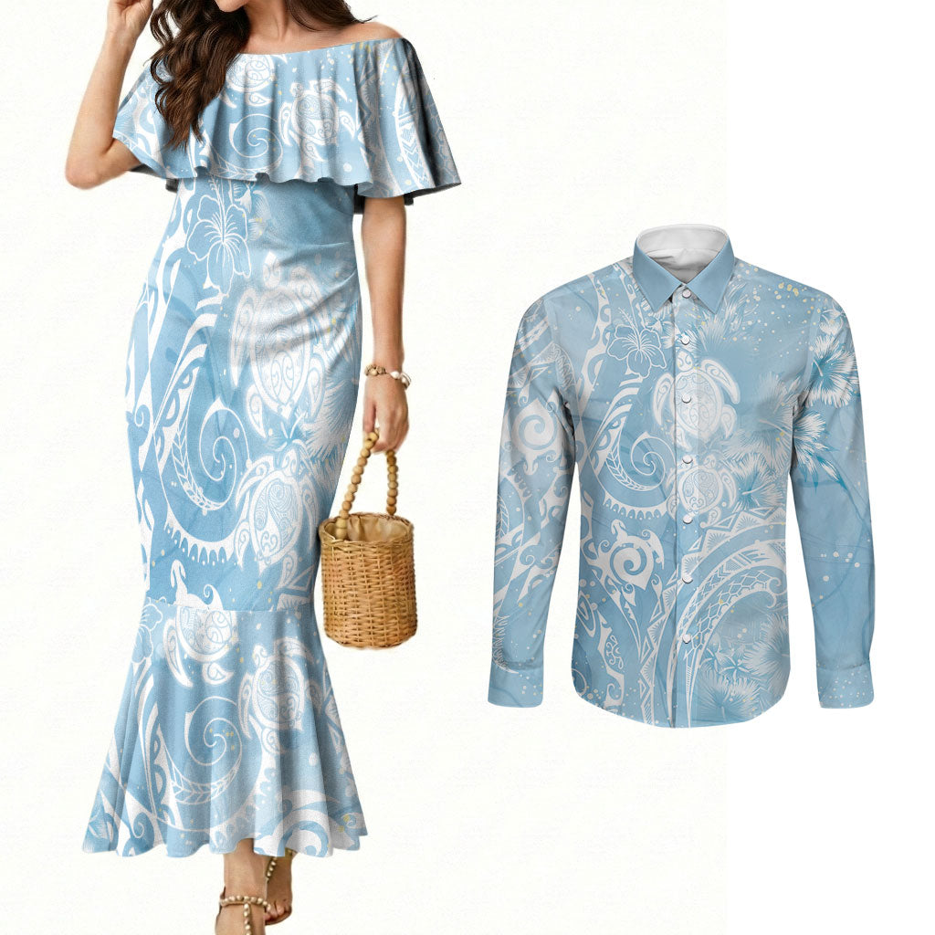Aloha Hawaii Turtles Floral Couples Matching Mermaid Dress and Long Sleeve Button Shirt Aqua Marbles Glaze LT7 Aqua - Polynesian Pride