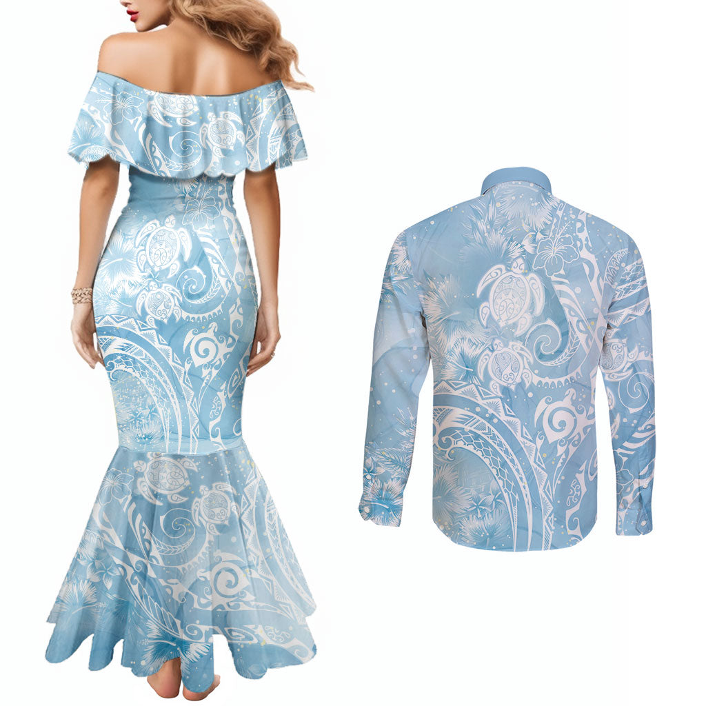 Aloha Hawaii Turtles Floral Couples Matching Mermaid Dress and Long Sleeve Button Shirt Aqua Marbles Glaze