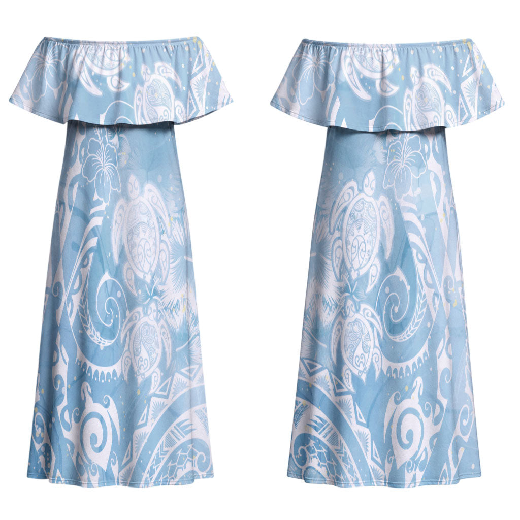 Aloha Hawaii Turtles Floral Couples Matching Off Shoulder Maxi Dress and Hawaiian Shirt Aqua Marbles Glaze LT7 - Polynesian Pride
