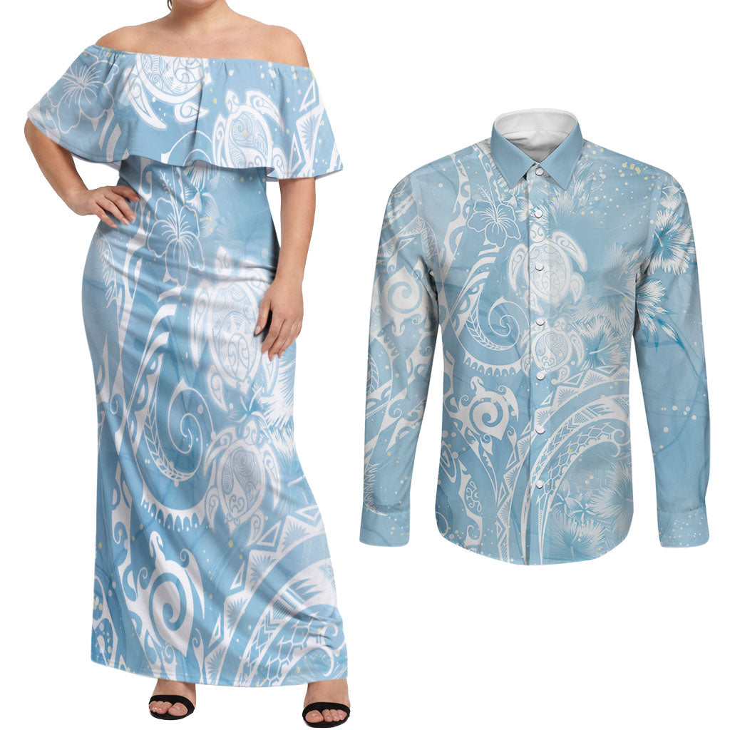 Aloha Hawaii Turtles Floral Couples Matching Off Shoulder Maxi Dress and Long Sleeve Button Shirt Aqua Marbles Glaze LT7 Aqua - Polynesian Pride
