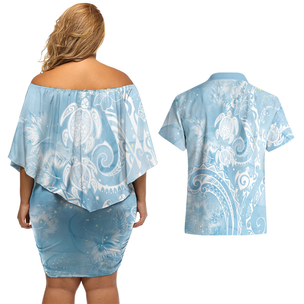 Aloha Hawaii Turtles Floral Couples Matching Off Shoulder Short Dress and Hawaiian Shirt Aqua Marbles Glaze