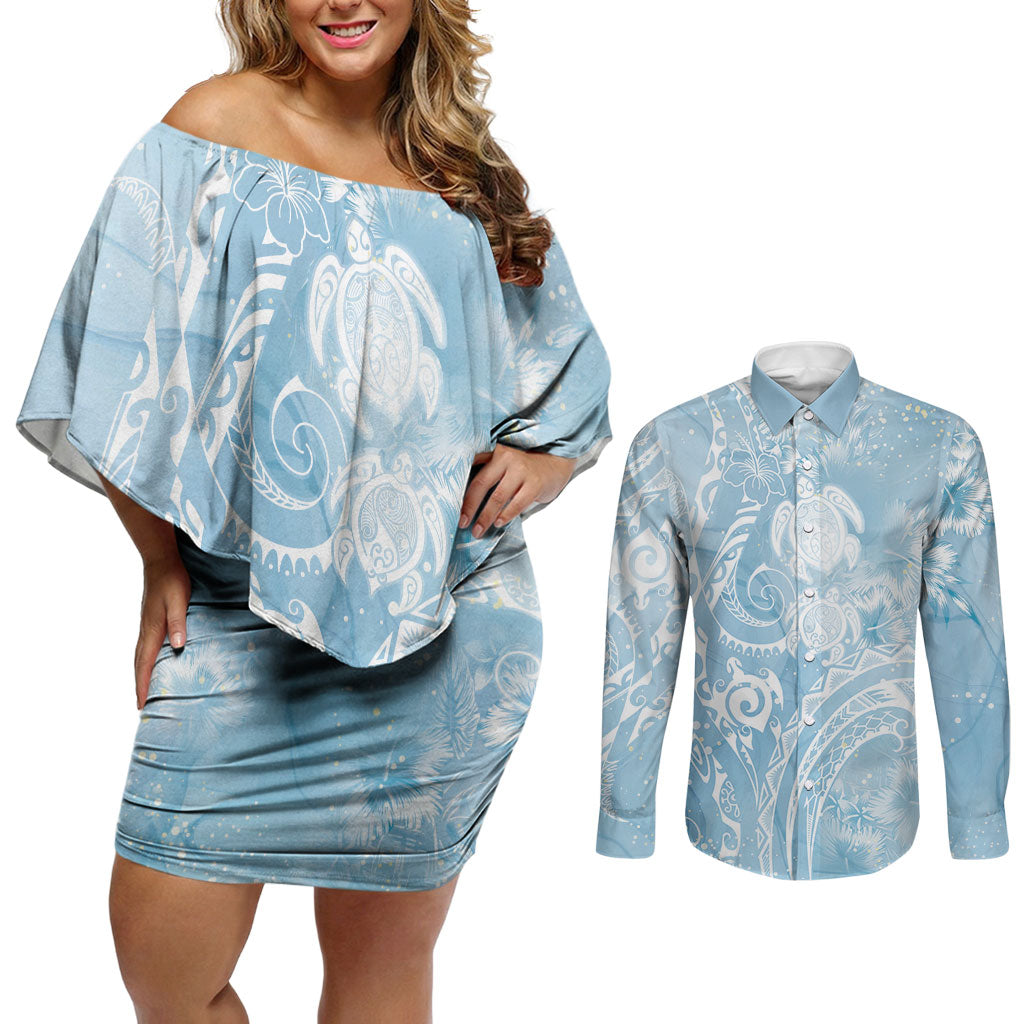 Aloha Hawaii Turtles Floral Couples Matching Off Shoulder Short Dress and Long Sleeve Button Shirt Aqua Marbles Glaze LT7 Aqua - Polynesian Pride